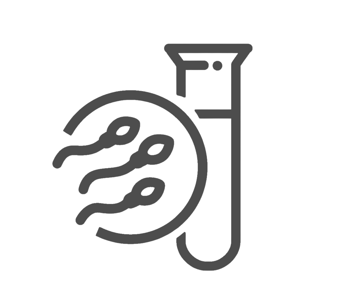 Icon of male fertility testing showing sperm cells next to a laboratory test tube.